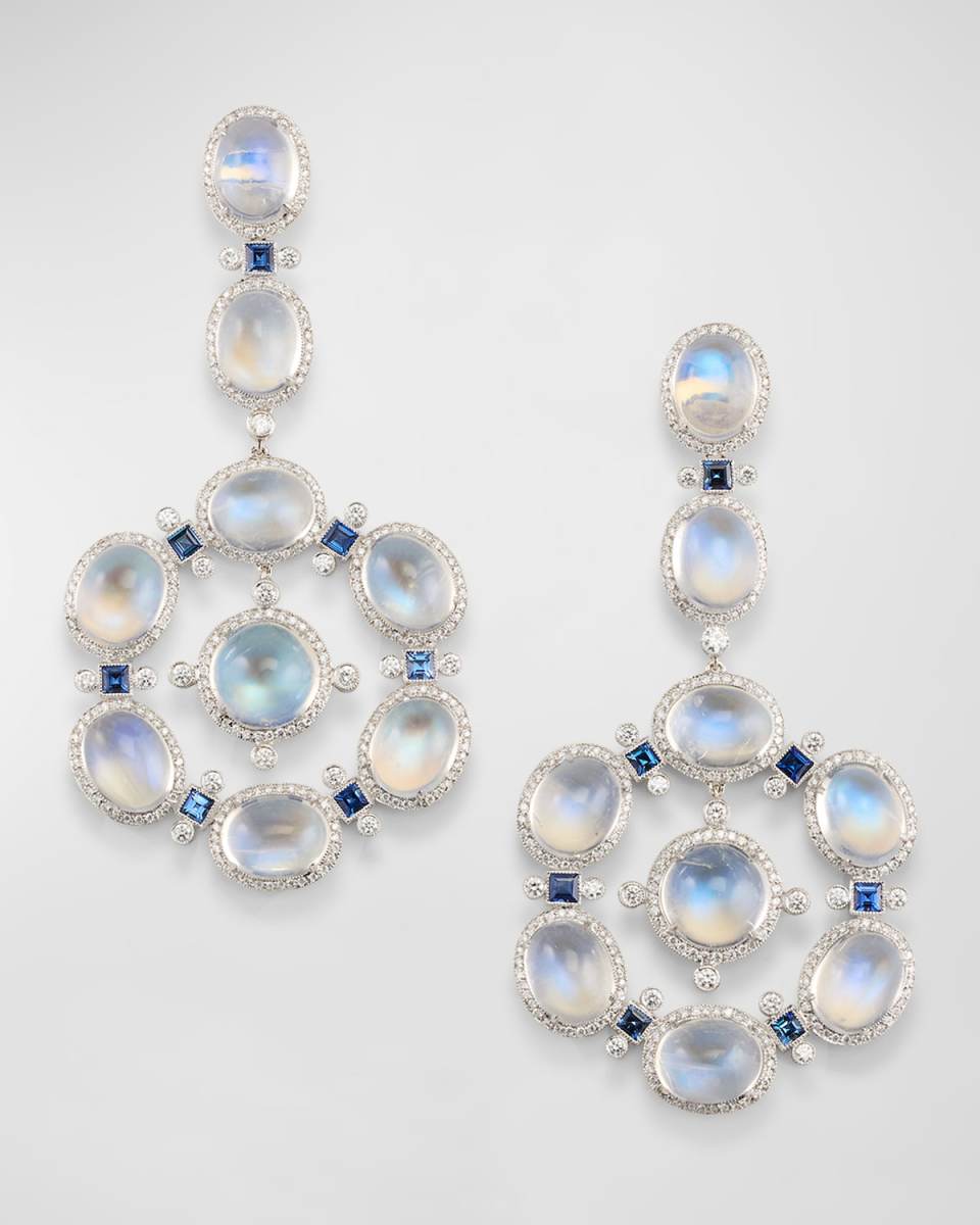 18K White Gold Moonstone, Sapphire, and Diamond Statement Earrings